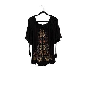 Lula Soul Tunic Top Size S Black Excellent Boho Sequin Embroidered Tassel Blouse